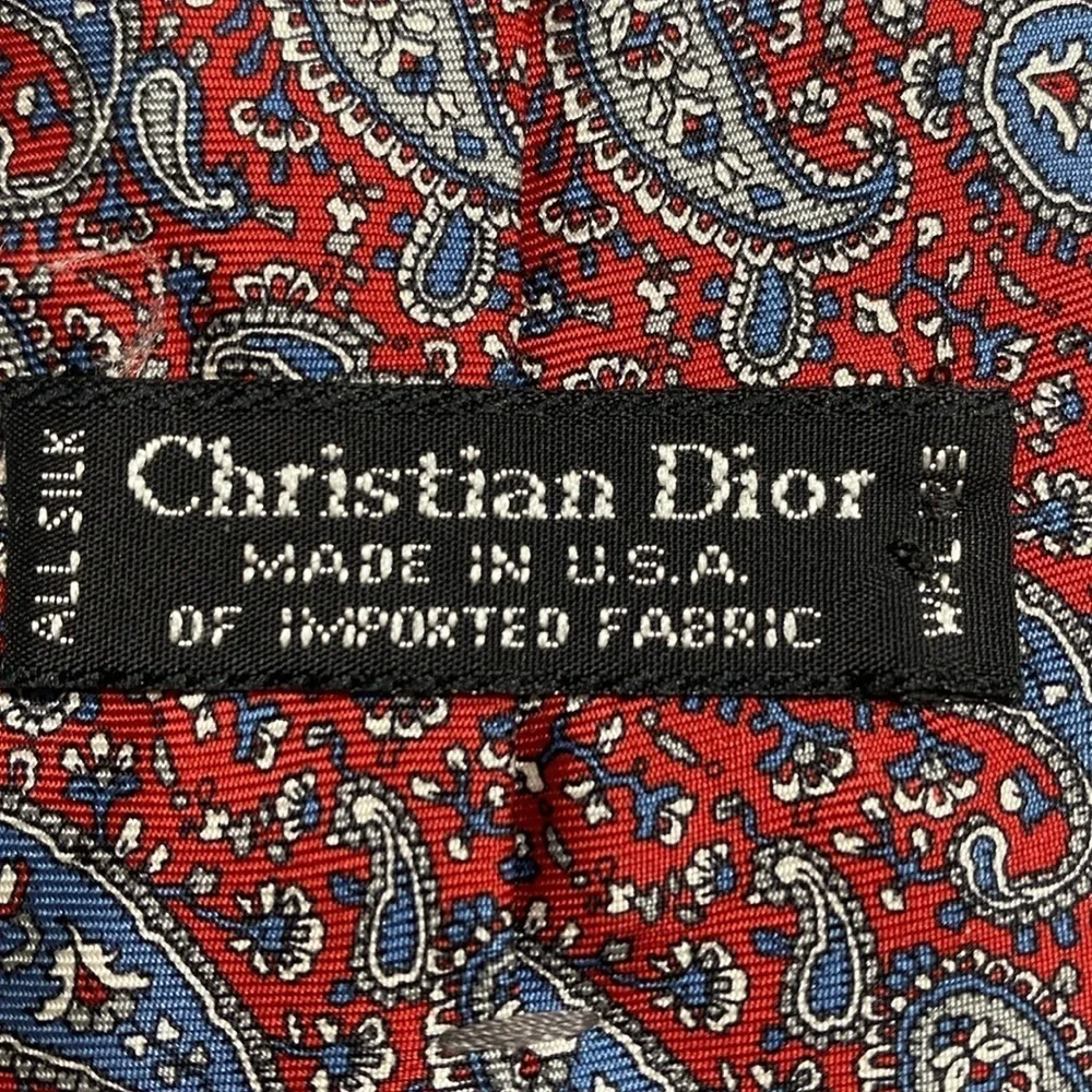 Christian Dior Paisley Silk Tie blue paisley on red background L 59” made in USA
